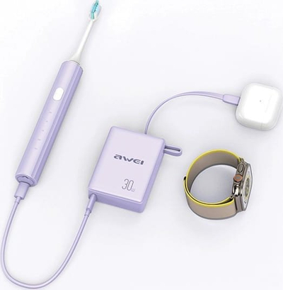Powerbank Awei P87K, 10000mAh, 30W, me kabllo të integrume, i zi