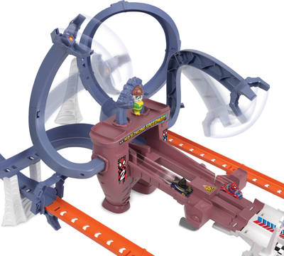 Pistë garash Hot Wheels RacerVerse Spider-Man Web-Slinging Speedway, set pistë me 2 makina