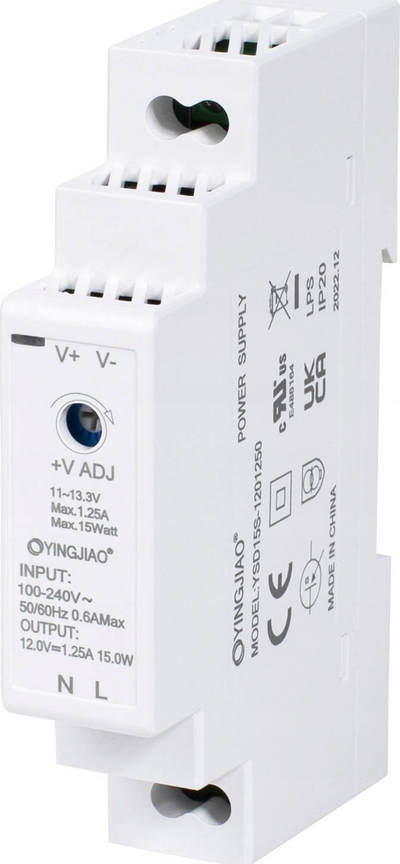 Напојување DIN шина YINGJIAO YSD15S 0502400, 12W, 5V 2.4A, сиво