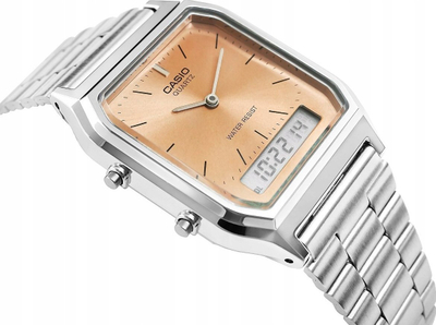 Orë dore Casio Vintage AQ230A 4A, analoge dhe dixhitale, çelik inox, argjendtë