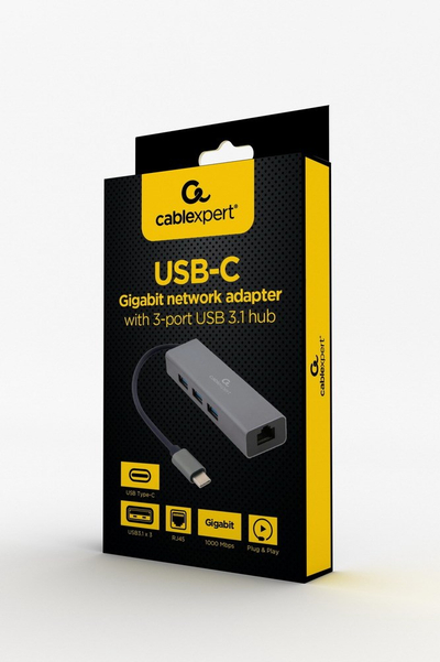 Adapter USB C Gembird a CMU3 LAN 01, 3x USB 3.1, Gigabit LAN, gri metalik
