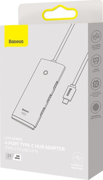 HUB USB Type-C Baseus WKQX030301, 4x USB 3.0, kabllo 25 cm, i bardhë
