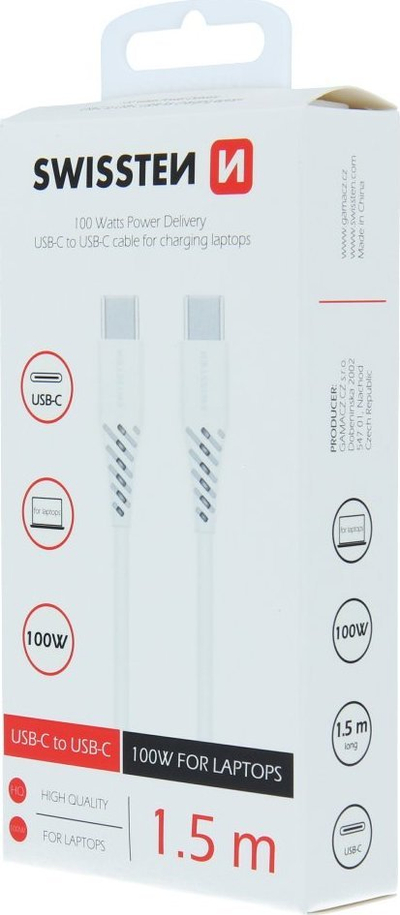 Kabllo USB C në USB C Swissten, 100W 5A, 1.5m, e bardhë