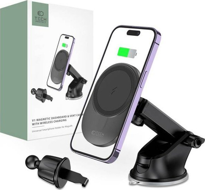 Mbajtëse magnetike për makinë Tech-Protect MM15W-V1, karikim wireless 15W, MagSafe, e zezë