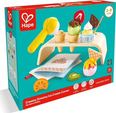Lodër set akullore për fëmijë Hape Creamy Dreamy Ice Cream Corner, 20 pjesë, druri, shumëngjyrëshe