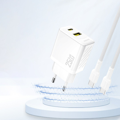 Полнач USB Dudao A26TEU GaN, 25W, 2 порти USB A и USB C, бел