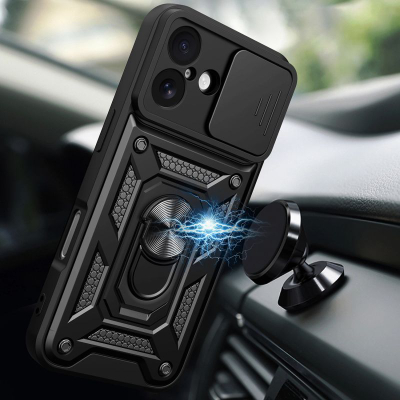 Mbrojtëse telefoni Hybrid Armor Camshield për iPhone 17, me unazë mbajtëse, mbrojtje kamere, ngjyrë e zezë