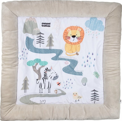 Tapet loje për bebe Canpol Plush Educational Mat Safari, me harqe dhe lodra varëse, gri shumengjyrësh