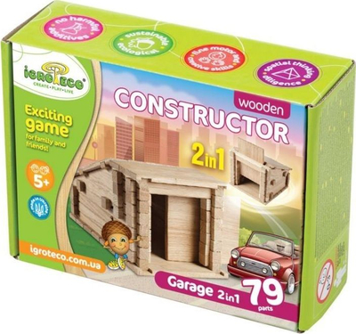 Lojë me konstruksione IGROTECO Garage 2in1, 79 copa, dru, ngjyrë natyrale