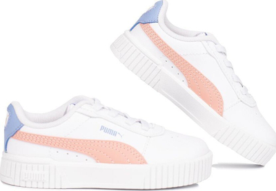 Atlete për fëmijë Puma Carina 2.0 AC Jr, lëkurë sintetike, shollë Kinder-Fit, të bardha me pastel