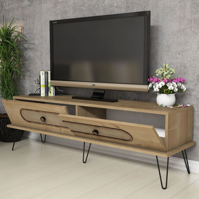 Kabinet TV Kalune Design Ekol, me rafte dhe dyer, dru natyral