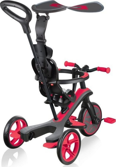 Tricikletë‑karrocë Globber Explorer Trike 4‑në‑1 632-102-2, me tendë UPF 50+, e kuqe me të zezë