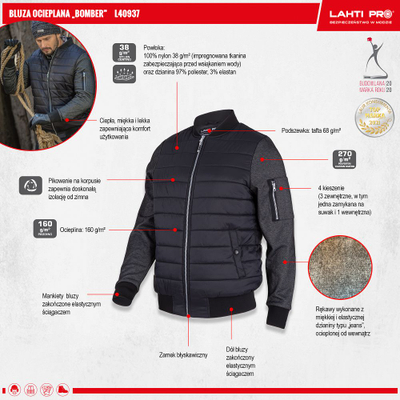 Xhaketë bomber Lahti Pro, e mbushur, 2XL, e zezë