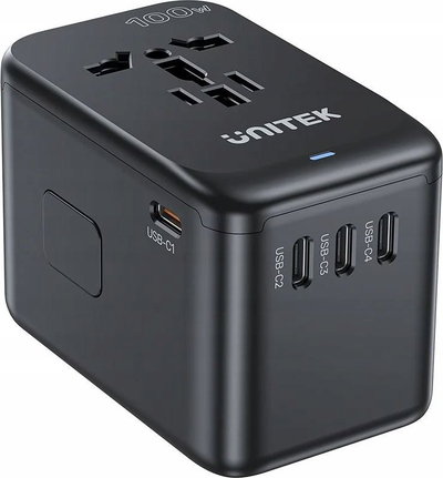 Adapter universal udhëtimi Unitek GaN, 100W, 4x USB C 1x USB, i bardhë, set 2 copë