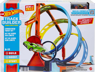 Set pistë lodër Hot Wheels Track Builder Unlimited Corkscrew Twist Kit, me makinë 1:64, shumëngjyrëshe