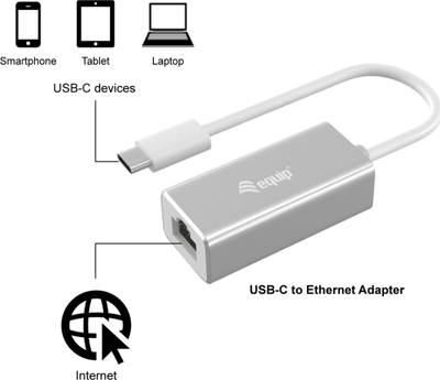 Адаптер мрежен Equip USB Type C во RJ45, Gigabit Ethernet, сив
