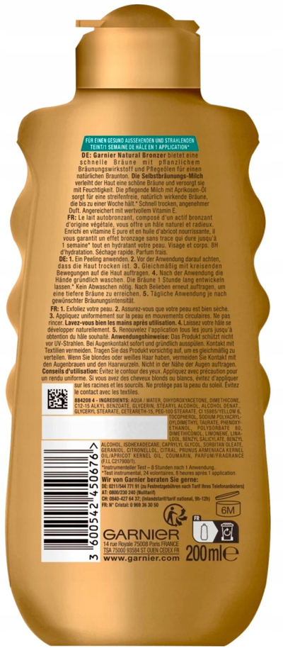 Qumësht autobronzues Garnier Natural Bronzer, 200 ml, për trup