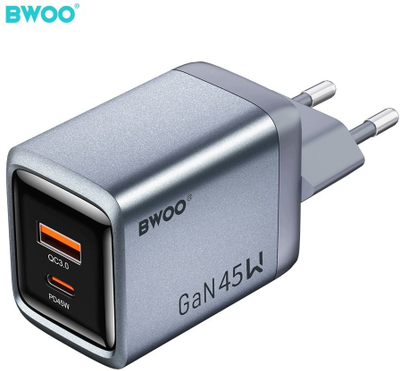 Karikues BWOO BO-CDA240, GaN, USB-C 45W, USB-A 18W, PD, QC, PPS, gri