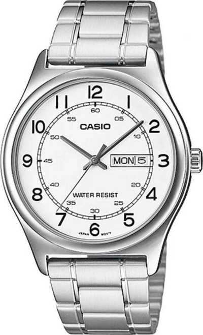 Ora dore Casio MTP-V006D-7B2, çelik inox, ekran me ditë dhe datë, sferë e bardhë