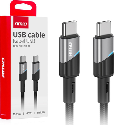 Kabllo kariku AMiO 03926 USB Type C, 1m, 60W, e zezë gri