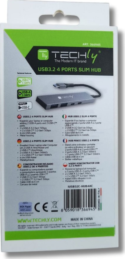 Hub USB Techly IUSB32C-HUB4AC, USB 3.2 Gen 1, 4 porta, gri