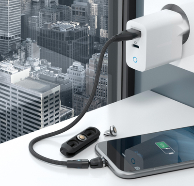 Kabllo magnetike RealPower Magnetic Cable 3A, 20cm, me adaptera, e zezë