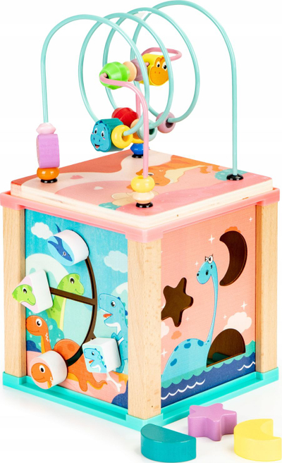 Дрвена едукативна коцка ECOTOYS “Мула Сортер Дино”, мултифункционална, шарена