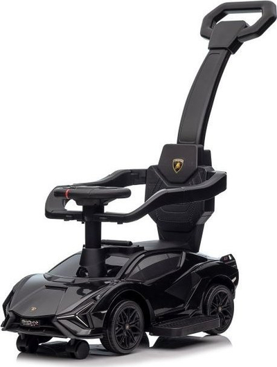 Makina lodër ride-on Lamborghini QLS-996T, me dorezë shtytëse, karrige me mbështetëse, e zezë