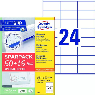 Etiketa universale Avery Zweckform 6602, letër, 70x36mm, ngjitës fiks, të bardha