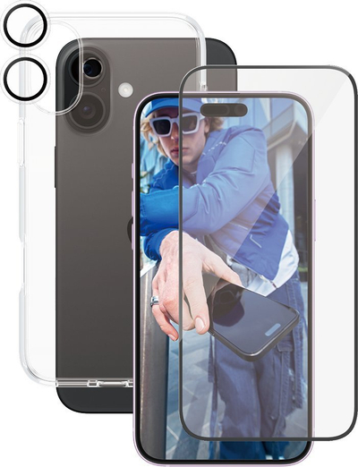 Set mbrojtës CARE by PanzerGlass 3‑në‑1, për iPhone 16 Plus, xham ekrani dhe kapak me mbrojtës kamere, transparent