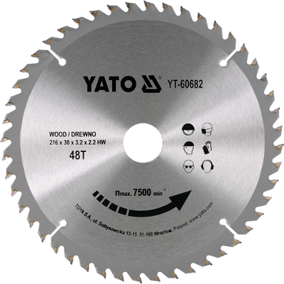 Teh rrethor për dru Yato YT-60682, 216mm, 48T karbur tungsteni, gri