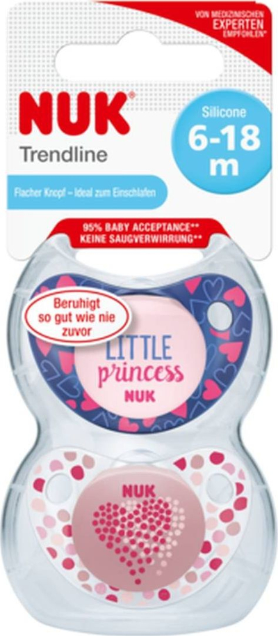 Memë qetësuese silikoni NUK, Trendline Adore, 6-18m, 2 copë