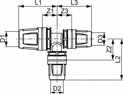 Tee reduktuese uji Tece PPSU 8711004, 20 x 16 x 16mm, e zezë