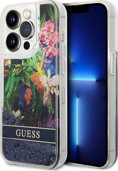 Kapak telefoni Guess Flower Liquid Glitter për iPhone 14 Pro Max, hardcase, blu