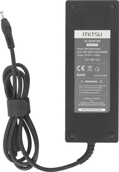 Адаптер полнач за лаптоп Митсу ZM LEN195615, 120 W, 19.5 V 6.15 A, црн