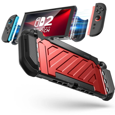 Mbrojtëse gaming SUPCASE Unicorn Beetle PRO Nintendo Switch 2, trup i fortë, mbajtëse mbrapa, e kuqe metalike