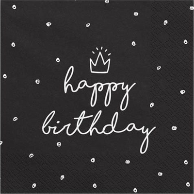 Salveta dekorative “Happy Birthday”, 33x33cm, 3 shtresa, 20 copë, të zeza