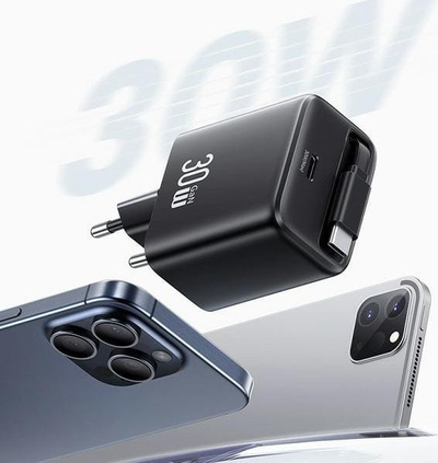 Karikues muri USAMS CC241, 30W GaN PD QC, USB C me kabllo me tërheqje, i bardhë