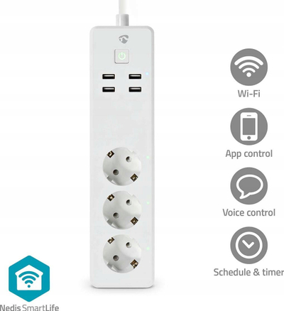 Prizë zgjatuese smart Nedis WIFIP312FWT, Wi-Fi, 3x Schuko 4x USB, e bardhë