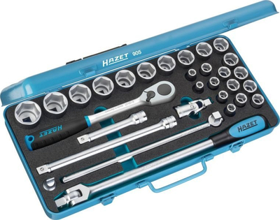 Set çelësash gotë Hazet 905, 31 copa, lidhje 1/2", në kuti metalike