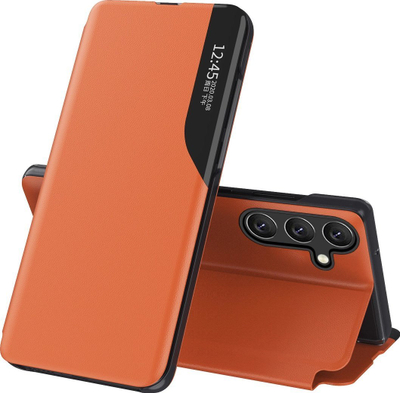 Mbulesë telefoni Hurtel View Case për Samsung Galaxy A56, lëkurë eko, me kapak dhe kënd qëndrimi, portokalli