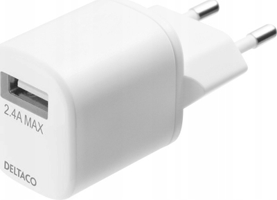 Karikues muri DELTACO USB-A, 2.4A 12W, kabllo Lightning 1m, i bardhë