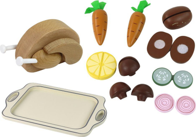 Set lodër druri LEAN Toys Wooden Dinner Set, 15 copa, me pulë dhe perime, shumëngjyrësh