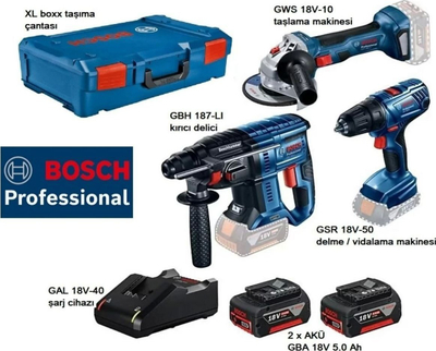 Set veglash pa kabllo Bosch GBH 187-LI GWS 18V-10 GSR 18V-50, 18V, 2x 5.0Ah, blu