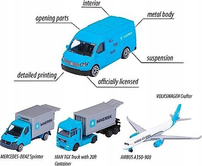 Set lodrash transporti Majorette MAERSK, die-cast, 4 modele, blu