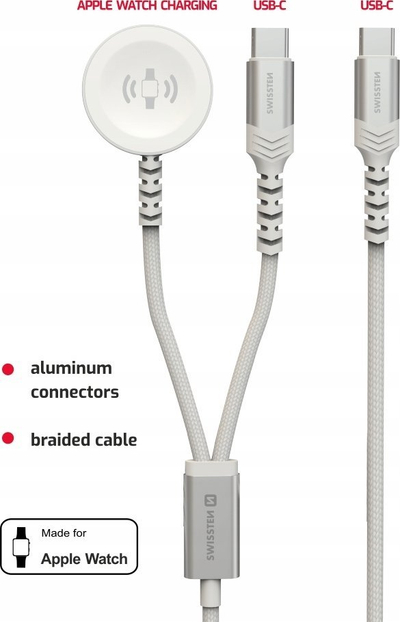 Kabllo magnetike Swissten 2n1 për Apple Watch dhe USB‑C, 1.2 m, e bardhë