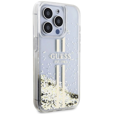 Kapak telefoni Guess Liquid Glitter Gold Stripes, për iPhone 15 Pro Max,transparent