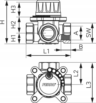 Valvul përzierëse 3-drejtimore ZMV34, 1 1/2", bronz, me rregullim manual