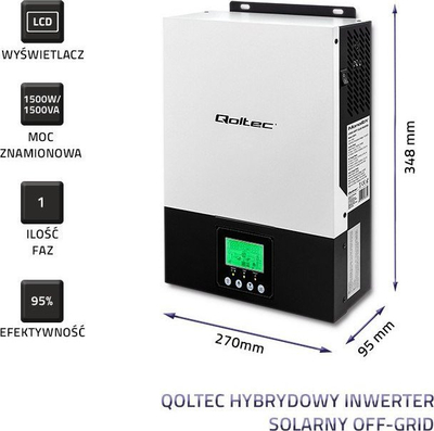Inverter diellor hibrid Qoltec Monokrystal, 1.5kW 2KVA, 80A, i bardhë