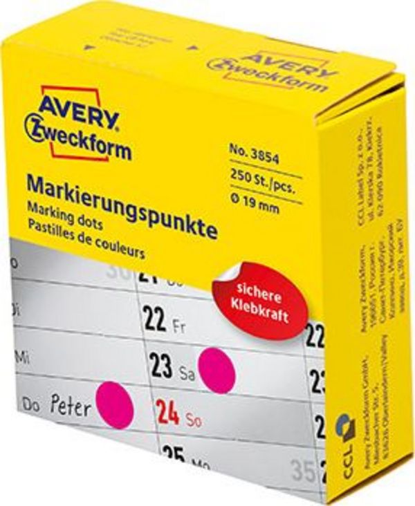 Etiketa rrumbullake për shënjim Avery Zweckform ZF 3854, 19 mm, rozë